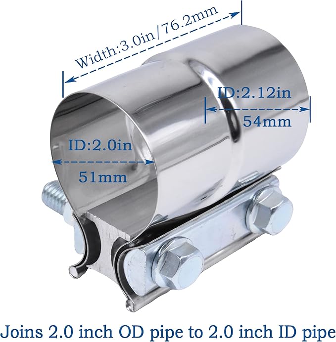Exhaust Pipe Clamp 2.0 Inch Butt Joint Exhaust Clamp for 2" ID to 2" OD Pipe with Seal Band Clamp Sleeve 3 Inch Width 304 Stainless Steel (2PCS)