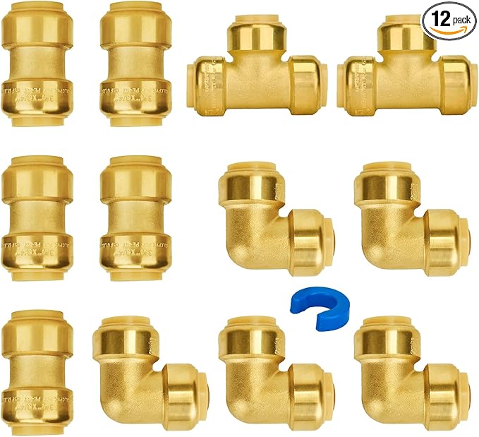 SUNGATOR Push Pex Fittings 3/4 Inch, 5 Each Coupling and Elbow, Tee (2 PCS), No Lead Brass Push-to-Connect Plumbing Fittings for Pex Pipe, Copper, CPVC, with 1 Disconnect Clip, Pack of 12