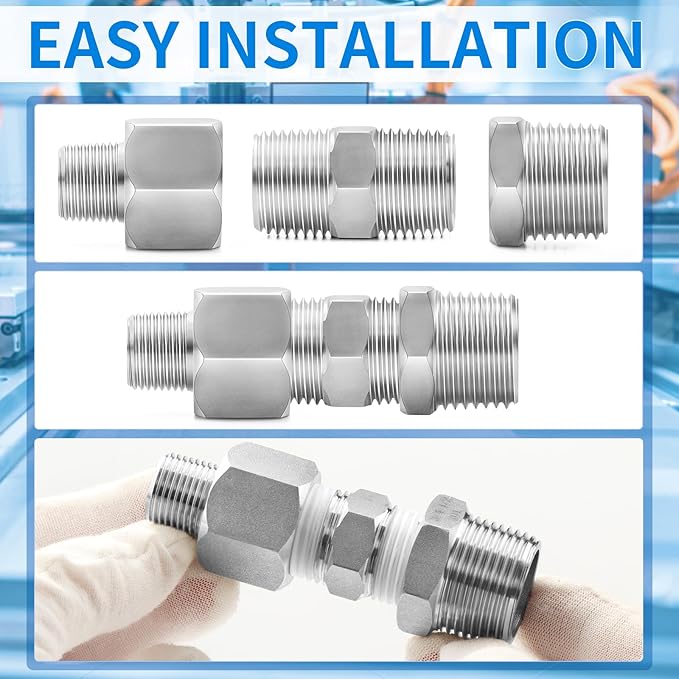 ChillWaves 304 Stainless Steel Pipe Fitting, Hex Nipple 1/2" NPT Male x 1/2" NPT Male Thread Adapter(6-PACK)