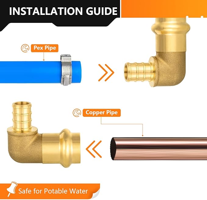 10-Pack HeSun Copper Press Fitting Elbow, 1/2" PRESS X 1/2" PEX F1807 Crimp Elbow, LF Brass