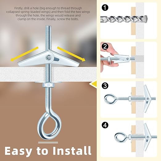 15Pcs M5 x 75mm Eye Bolt Toggle Bolt Assortment Kit, Spring Toggle Bolts Butterfly Anchors Butterfly Toggle Anchors, Heavy Duty Drywall Anchors with Wing Nut for Hanging Lamps Heavy Items