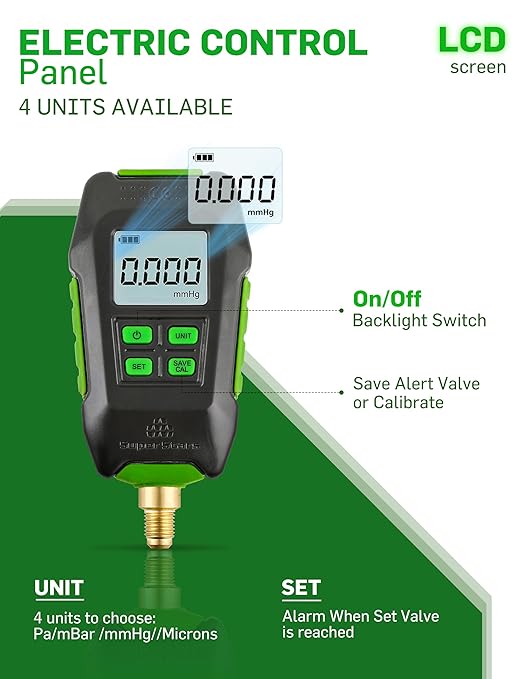 Digital Micron Vacuum Gauge 1/4" SAE, Digital Pressure Tester Meter HVAC, Alarm Notice, Temp Compensation, LCD Display, 4 Units