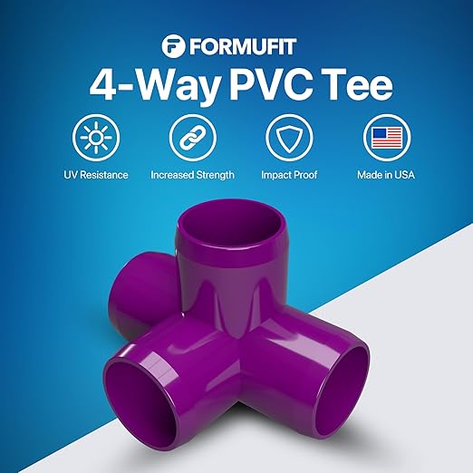 FORMUFIT 1” 4-Way Tee Furniture Grade PVC Fitting in Purple, Made in USA, UV-Resistant, Impact-Proof, 1.315” Actual Socket Diameter (Pack of 4) - F0014WT-PU-4