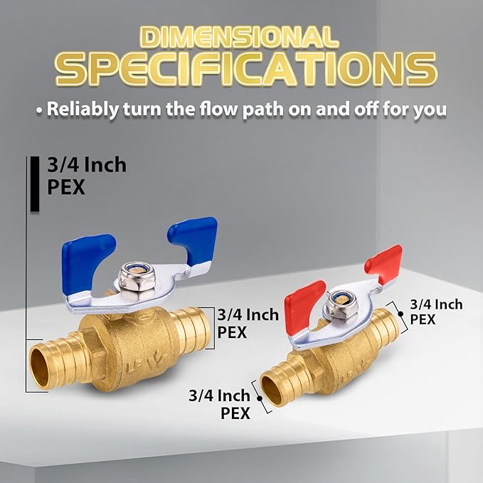 100PCS Foskan 3/4" PEX Crimp Ball Valve, Brass Full Port Shut-off Valve with Blue/Red Butterfly Handle for Portable Water Poject