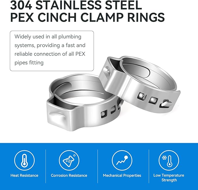 3/4 Inch PEX Cinch Clamp Rings, 100 Pack Stainless Steel Crimp Ring for Pipe Tubing