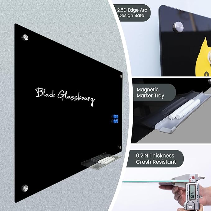 Magnetic Glass Black Board 48"x36" Glass Dry Erase Blackboard Tempered Glass Whiteboard Wall Mounted for Office School Home (Black)