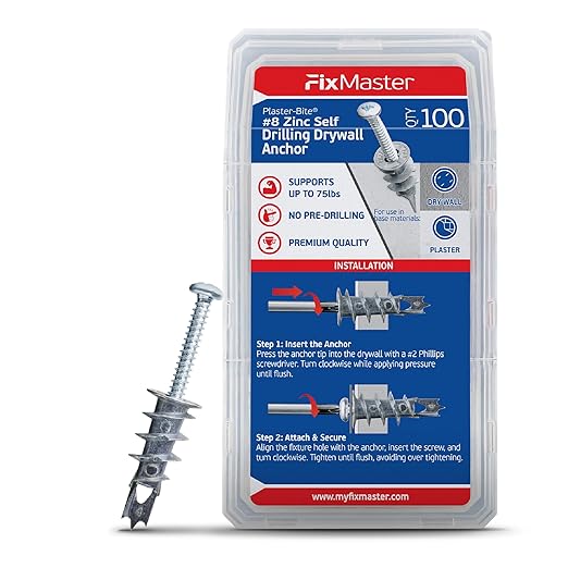 Zinc Plaster Bite Self-Drilling Drywall Anchors w/Screws (100 Anchors & 100 Screws) – Heavy Duty Zinc Hollow Wall Anchor Kit for 3/8", 1/2", 5/8" Drywall – 75 lbs Holding Strength