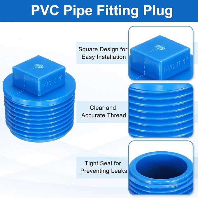 uxcell 5Pcs 1 Inch PT Male Thread PVC Pipe Fitting Plug, Cleanout Plugs, Water Drain End Caps Coupling Adapter with Tape for Water Heater Supply Lines, Plumbing, Blue