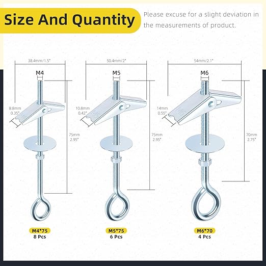 18Pcs M4 M5 M6 Eye Bolt Toggle Bolt Assortment Kit, Spring Toggle Bolts Butterfly Anchors Butterfly Toggle Anchors, Heavy Duty Drywall Anchors with Wing Nut for Hanging Lamps Heavy Items