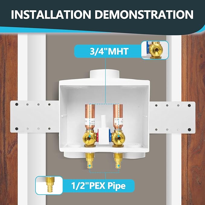 Washing Machine Outlet Box, Double Drains, Single Lever, 1/2 Inch Pex Crimp Inlet x 3/4 Inch MHT Outlet Connection, with Copper Water Hammer Arrestor(Pack of 30)(WM016-30Pack)