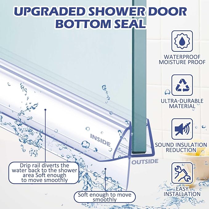 Frienda 8 Pcs Shower Door Bottom Seal 1/2" x 36'' Clear PVC Glass Door Sweep Shower Frameless Seal Strip for Replacement Stopping Leaks and Creating Water Barrier