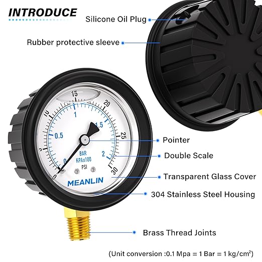 MEANLIN MEASURE 0~30Psi Stainless Steel Liquid Filled Pressure Gauge 1/4" NPT 2.5" FACE DIAL with Rubber Protective Sleeve, Lower Mount