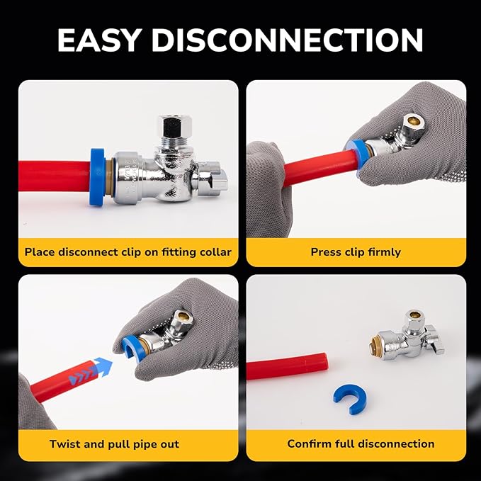 Angle Stop Valve, 1/2" PTC x 3/8" OD Compression, Toilet Water Shut Off Valve for PEX, Copper, CPVC Pipe, Quarter-Turn Push to Connect Brass Plumbing Fitting with Disconnect Clip, 4 Pack