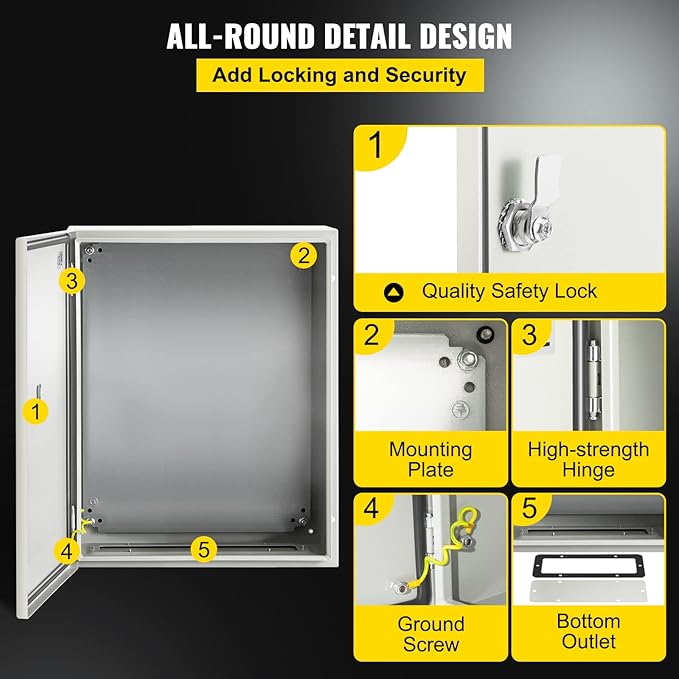 VEVOR NEMA Steel Enclosure, 20 x 16 x 8'' NEMA 4X Steel Electrical Box, IP66 Waterproof & Dustproof, Outdoor/Indoor Electrical Junction Box, with Mounting Plate