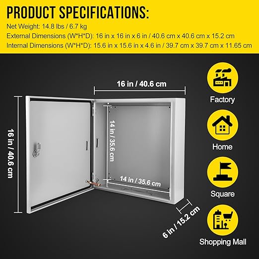 Outdoor Electrical Box, 16x16x6 Steel Junction Box, NEMA 4X Electrical Enclosure Box IP66 Waterproof & Dustproof, Universal Electrical Project Box with Lock & Mounting Plate
