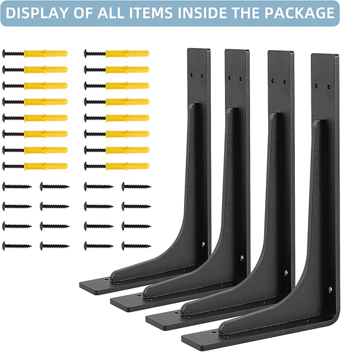 10"x 6"Shelf Brackets,L Shelf Brackets,max Load 300lbs, Vertical Angle, Premium Alloy Metal Heavy Duty Shelf Bracket, high Strength Mounting Hardware Included, Corner Brace Joint,Pack of 4.