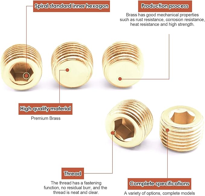 Hilitchi Brass Pipe Fitting Pipe Plug Fitting NPT Male Plug Internal Hex Head Style (1/2-6Pcs)