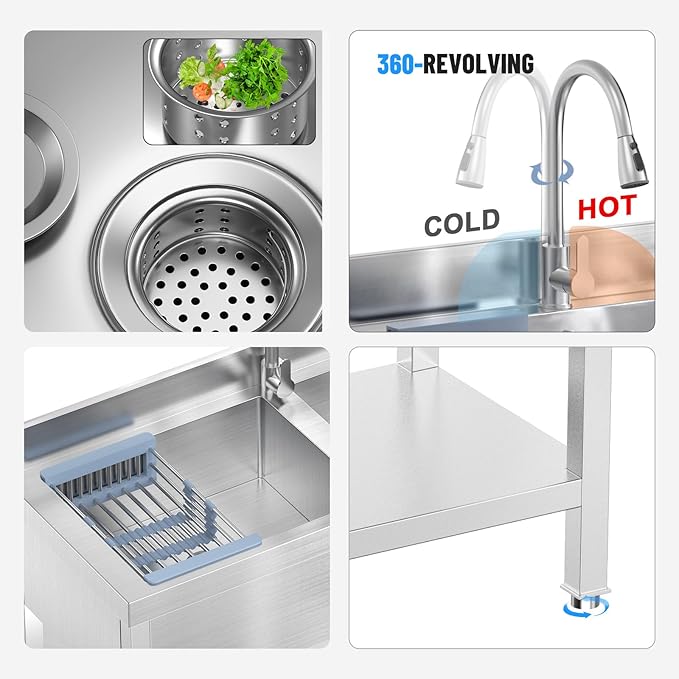 47Inch 2-Compartment Commercial Sink, Stainless Steel Utility Sink with Pull-out Faucet, Free Standing Double Bowl Kitchen Sink for Restaurant, Garage, Shop, Cafe