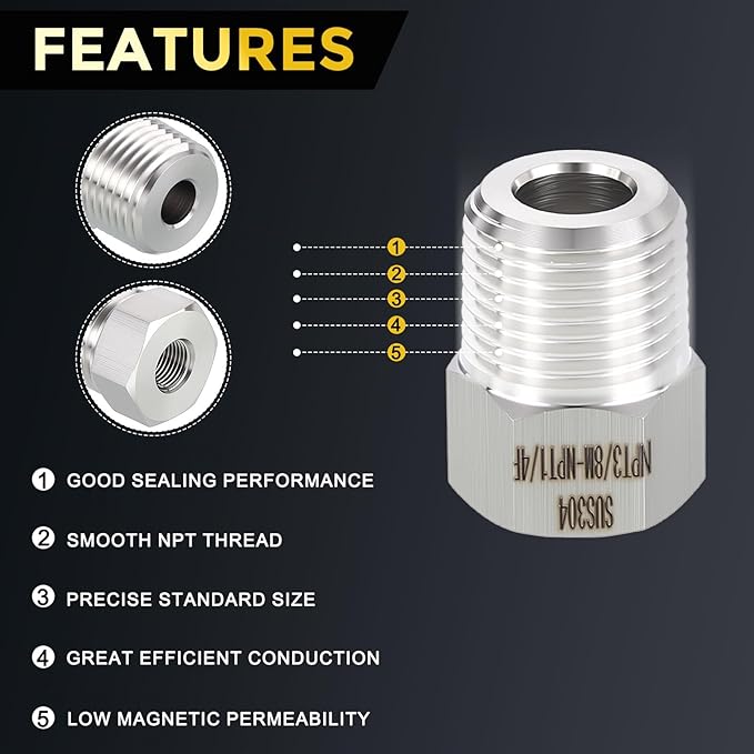 METALLIXITY 3PCS 3/8" Male NPT x 1/4" FeMale NPT Thread 304 Stainless Steel Hex Bushing Extension Tube Adapters Convert for Water Tub Spout/Shower