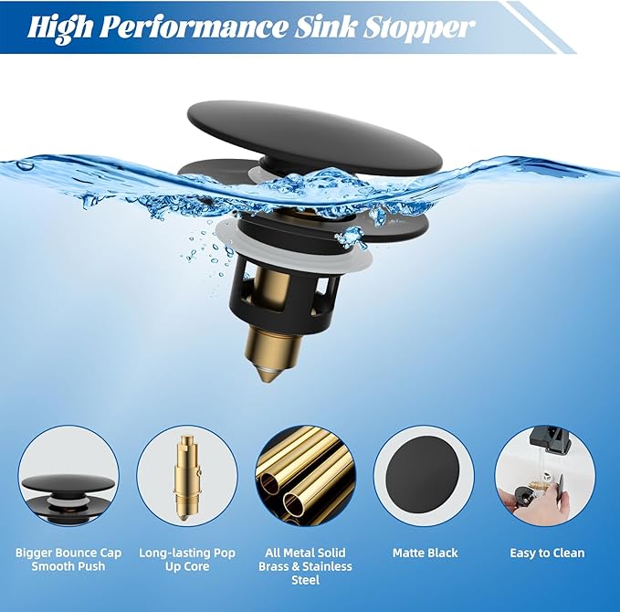 Hibbent 2 Pack All Metal Upgraded Bathroom Sink Stopper, Universal Pop Up Sink Drain Strainer, Brass Bullet Core Push Type Sink Stopper for 1.1''~2.3''' Basin, Anti Clogging Drain Filter, Matte Black