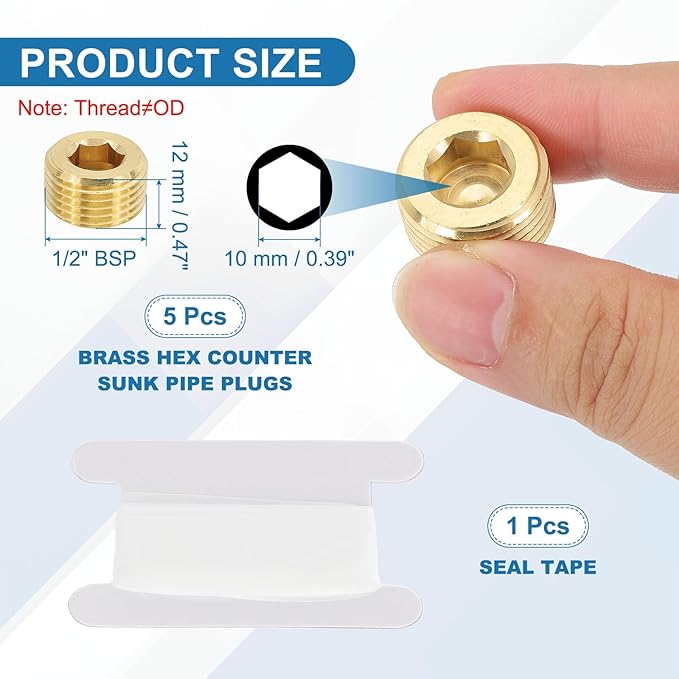 PATIKIL 1/2" BSP Male Pipe Plug Fitting, 3Pcs Brass Hex Counter Sunk Plug Brass Male Connector Socket for Closing the End of Pipe Industrial Machinery Fittings