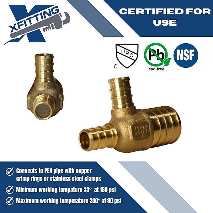 XFITTING 1 inch x 1/2 inch x 1/2 inch Pex Reducing Tee, Pex B Crimp Version 26-5-6=25X, 25 Pieces