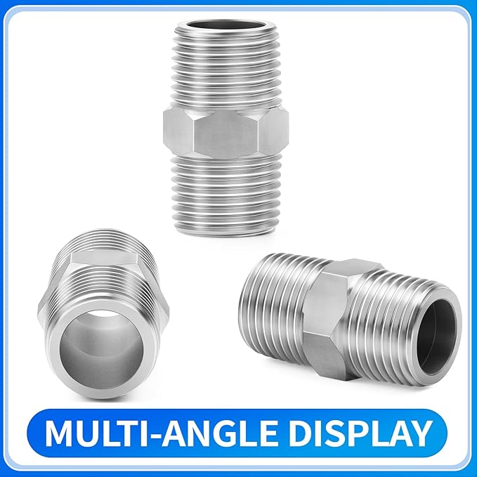 ChillWaves 304 Stainless Steel Pipe Fitting, Hex Nipple 1-1/2" NPT Male x 1-1/2" NPT Male Thread Adapter(2-PACK)