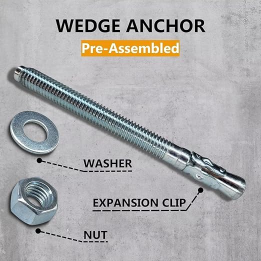 Party Animals 1/2 x 5 Inch Wedge Anchor, 5 PCs Zinc-Plated Industrial Anchor Bolts for Cement, Concrete