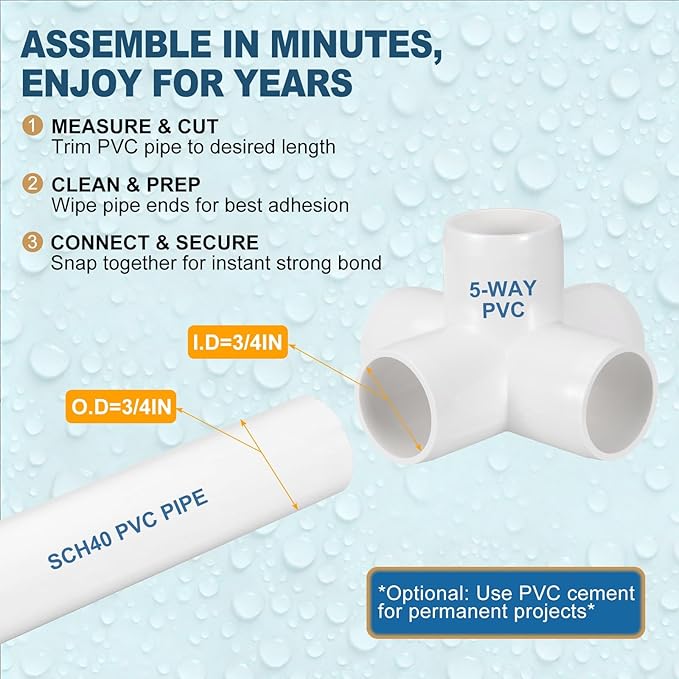 8 Pack 3/4" SCH40 PVC Elbow Pipe Fitting, 5-Way PVC Elbow Corner Side Outlet Cross Fitting, Furniture Grade Pipe Connectors for DIY Project, Pond Protection, Socket x Socket, White