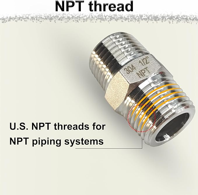 3/8" NPT Male Hex Nipple Pipe Fittings, 304 Stainless Steel 3/8 inch Threaded Pipe Adapter Fittings Equal Nipples Connectors, 4pcs Male Straight Connector Pipe Fitting