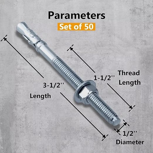 Party Animals 1/2 x 3-1/2 Inch Wedge Anchor, 50 PCs Zinc-Plated Industrial Anchor Bolts for Cement, Concrete