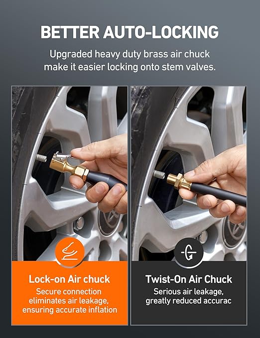 AstroAI 2 Pack Air Chuck, Heavy Duty Closed Flow Lock On Tire Chuck with Clip for Inflator Gauge Compressor Accessories, Yellow