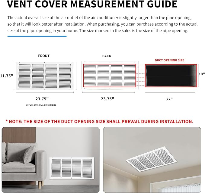 22x10 Vent Cover(Duct Opening Size),Air Return Vent Cover,Flat Vent Cover,Rejillas De Aire Acondicionado para Casa,Return Air Grilles,Outer Dimensions:23.75"Wx11.75"H(22"W x 10"H, Duct Opening)