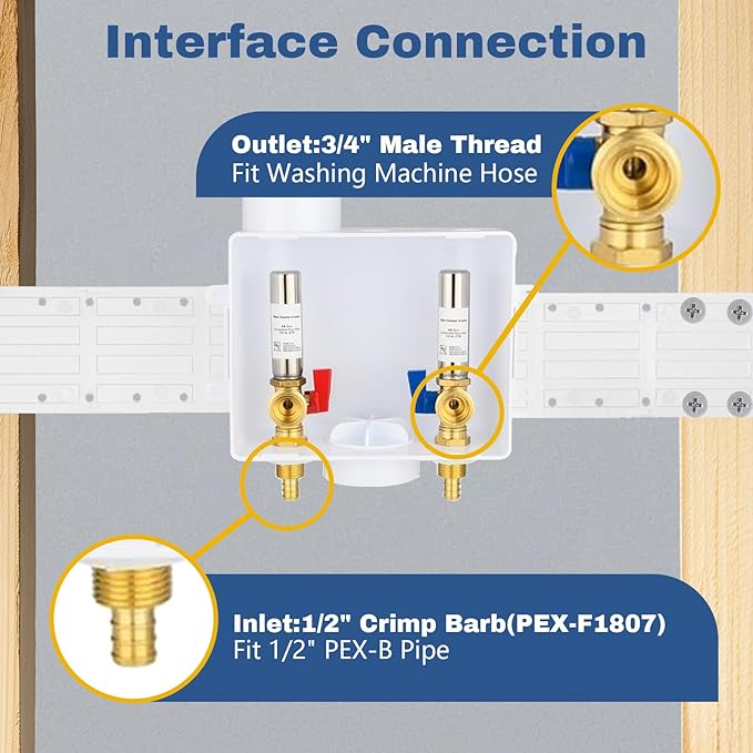 5-Pack GUOFIS Washing Machine Outlet Box,1/2 Inch PEX Crimp Inlet x 3/4 Inch MHT Outlet, Laundry Washer Box with Stainless Steel Water Hammer Arrestor (Center Drain)