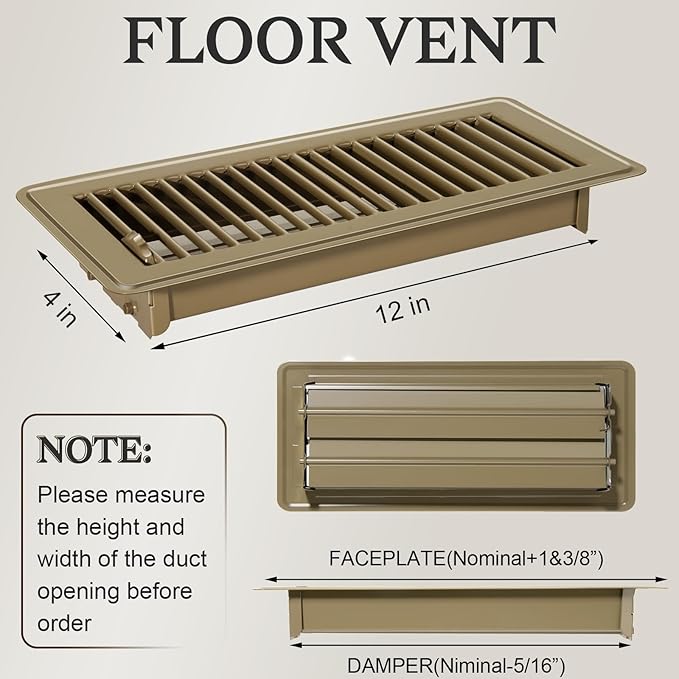 8 PCS Floor Vents Floor Registers 4x12 inch, Heavy Duty Metal Heat Air Vent Covers 4 X 12 with Rust Proof Finish for Home Office Wall Floor Registers Grilles & Vents (8, Brown, 4x12 Inches)