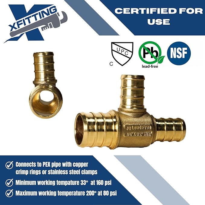 XFITTING 3/4 inch x 1/2 inch x 1/2 inch Pex Tee, Pex B Reducing Tee Crimp Version 25-1-4=100X, 100 Pieces