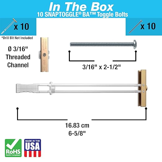 TOGGLER SNAPTOGGLE Heavy-Duty Drywall Toggle Bolt – 3/16"-24 UNC Zinc-Plated Anchor for Hollow Walls, Plaster & Tile – Holds 238 lbs in 1/2" Drywall, Easy Install – 10 Pack (with Bolts)