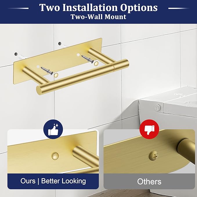 Brushed Gold Toilet Paper Holder, Adhesive or Screw Toilet Roll Holder Wall Mount, SUS304 Stainless Steel Double Post Pivoting Toilet Roll Holder for Bathroom, Kitchen, Washroom