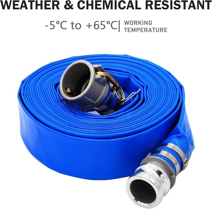 3" ID x 50 ft PVC Lay Flat Discharge Hose with Aluminum Camlock C and E Fittings, Cam Lock Fitting Type A included, Heavy Duty Reinforced Blue Backwash Pump Hoses for Swimming Drain Pools