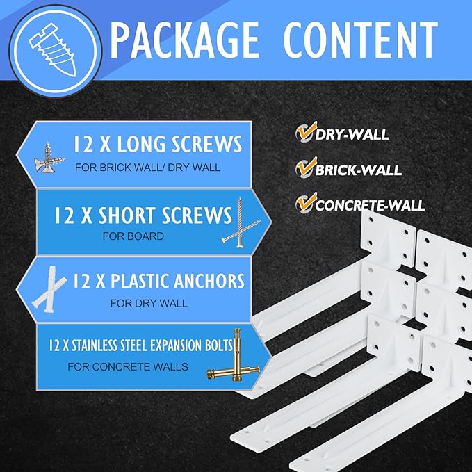 CLT Shelf Bracket( White) , 6” Quarter Inch (1/5") Thick- Max Load: 220 lb Rustic Industrial Modern Farmhouse Heavy Duty Corner Brace Joint Right Angle Bracket for DIY Table Bench, Pack of 6