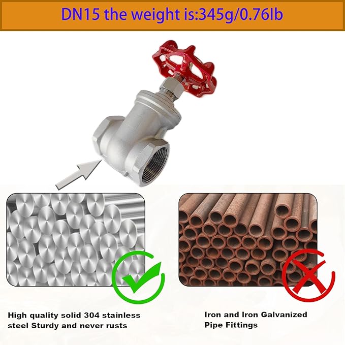 304 Stainless Steel Gate Valve,1/2" NPT Stainless Steel Female Threaded Rotary globe valve for water flow switches, fuel water vapor, air switches, for sump pumps and air compressors DN15