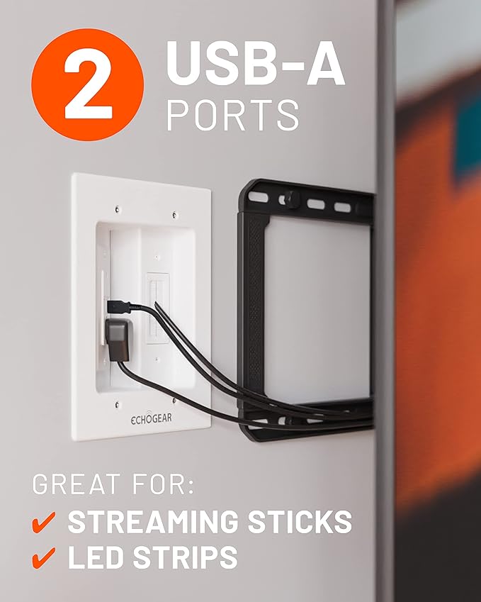 ECHOGEAR TV Cord Hider for Wall Mounted TV with 2X AC Outlets & 2X USB-A Ports - Hide Power Cables & Low Voltage Wires Behind The Wall - Includes Template, Saw, & Low Profile Extension Cord - White