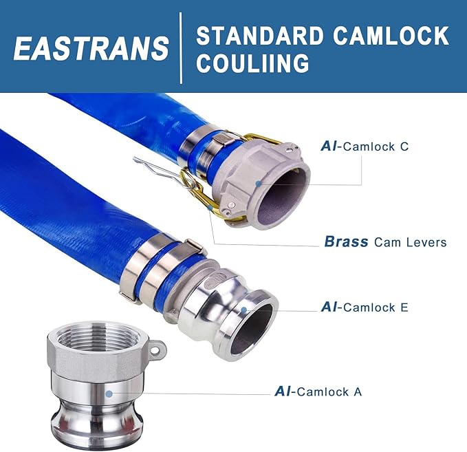 1.5" x 100' Blue PVC Backwash Hose with Camlock C and E Fittings, Cam Lock Fitting Type A included Heavy Duty Discharge Hose, Durable Reinforced Pool Drain Hose for Swimming Pools
