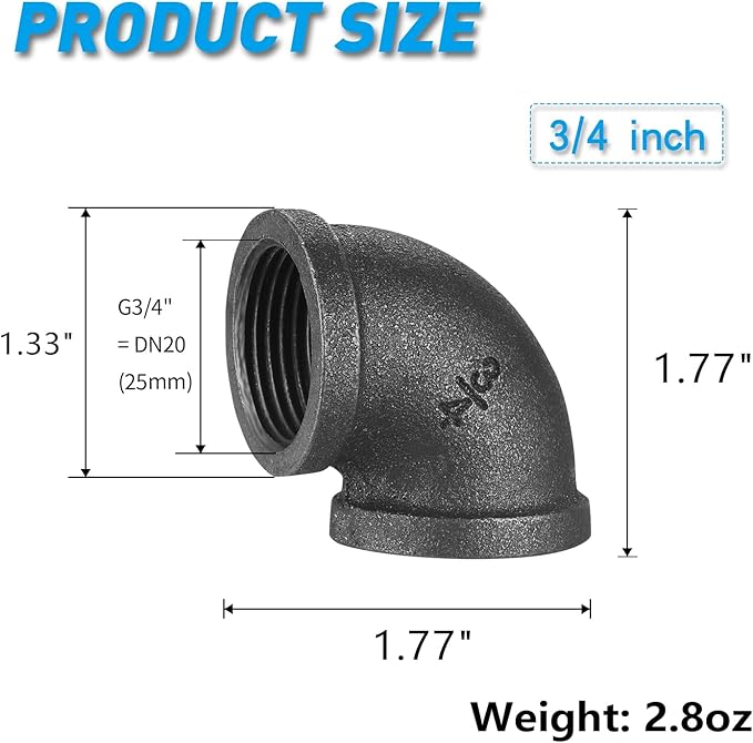 3/4" Pipe Fitting Elbow, Home TZH 10 Pack DN20 Gray Threaded Cast Malleable Iron Elbow for Steampunk Vintage Shelf Bracket DIY Plumbing Pipe Decor Furniture (10, 3/4")