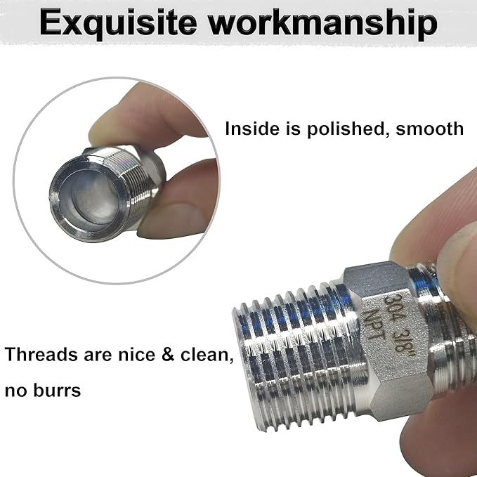 ZOUNI 5PCS Hex Nipple 3/8" Male x 3/8" Male Pipe Fittings, 304 Stainless Steel NPT 3/8 inch Male Threaded Pipe Adapter Fittings Equal Nipples Connectors, Male Straight Connector Pipe Fitting