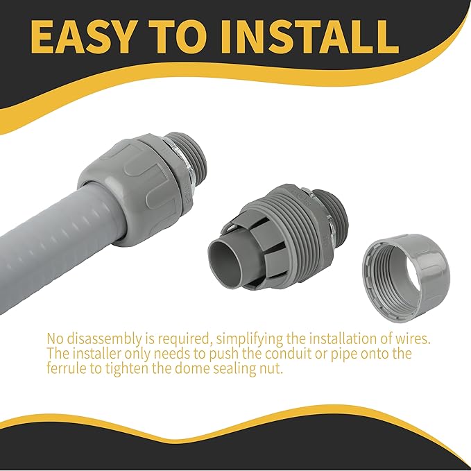Conduit Connectors, 3/4 Inch Liquid Tight Connector NPT Non-Metallic for PVC Electrical Flexible Conduit Fittings, 180 Degree Straight, UL Listed for Home Outdoor Tubes Tools, Grey (100-Pack)
