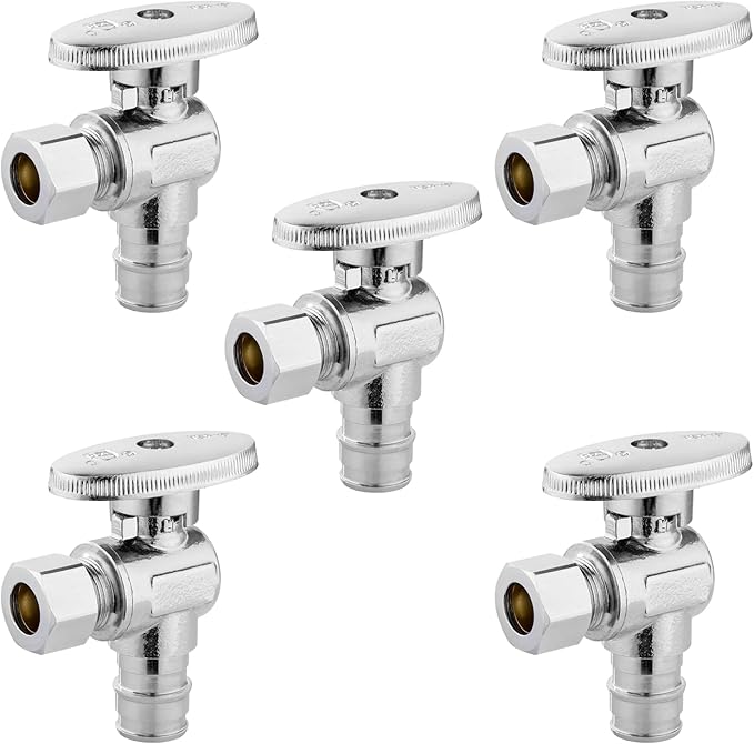 Angle Stop Valve,1/2 Inch Pex Expansion X 3/8 Inch OD Compression Angle Shut-off Valve with 1/4 Turn on/off (Pack of 5,ASTM F1960)(VALVE094-5Pack)
