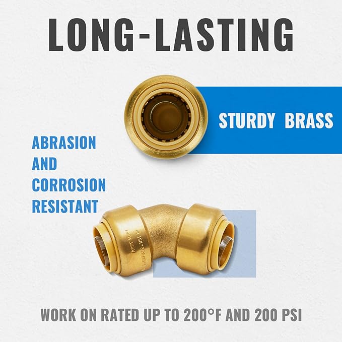 SUNGATOR 3/4 Inch 45 Degree Elbow, No Lead Brass Push to Connect Plumbing Fittings to Connect PEX Pipe, Copper, CPVC, PE-RT, with 1 Disconnect Clip, Pack of 6