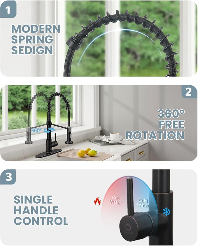 Oil Rubbed Bronze Single Handle Kitchen Faucet Set with Pull Down Sprayer and Soap Dispenser, 17-inch Tall