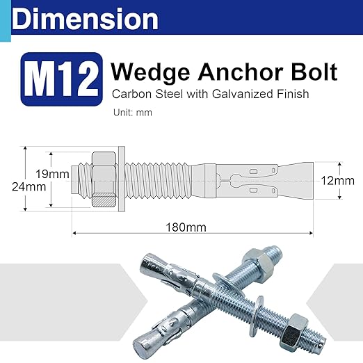 10Pcs 1/2" × 7" Concrete Anchor Bolts, Zinc Plated Carbon Steel Wedge Anchors for Cement, Brick, and Masonry